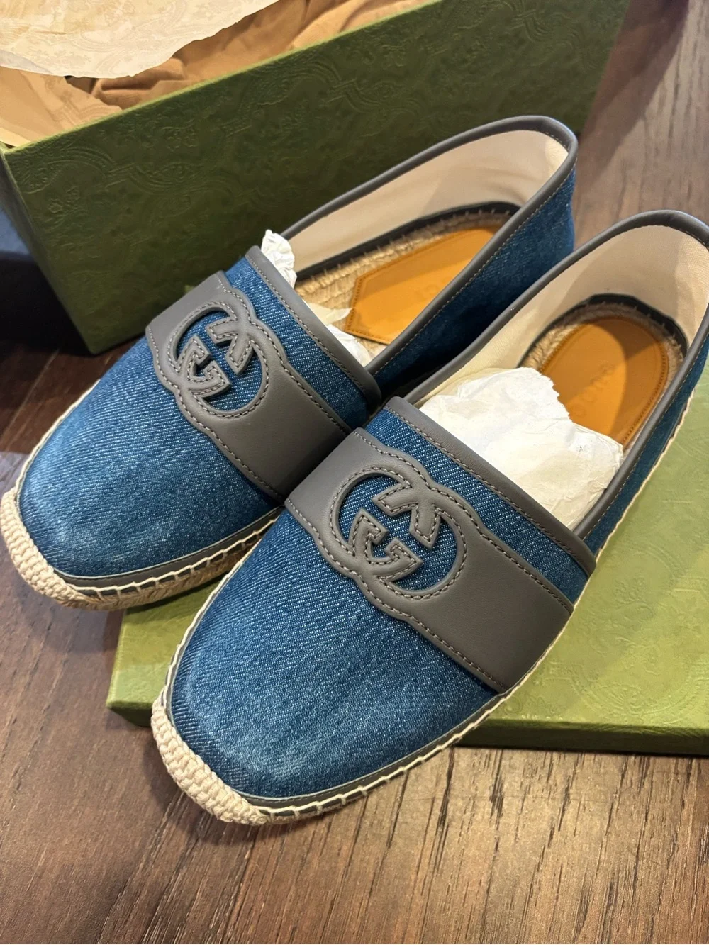 Gucci Denim & Gray Leather Espadrille Loafers